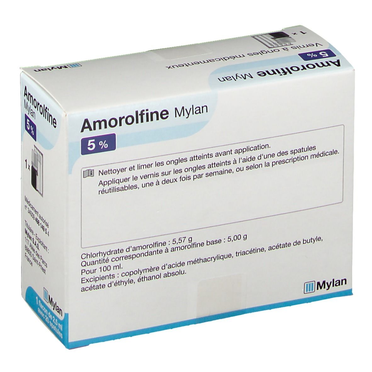 Boîte Amorolfine Mylan 5%. Contient flacon, spatules. Texte: Vernis à ongles médicamenteux.