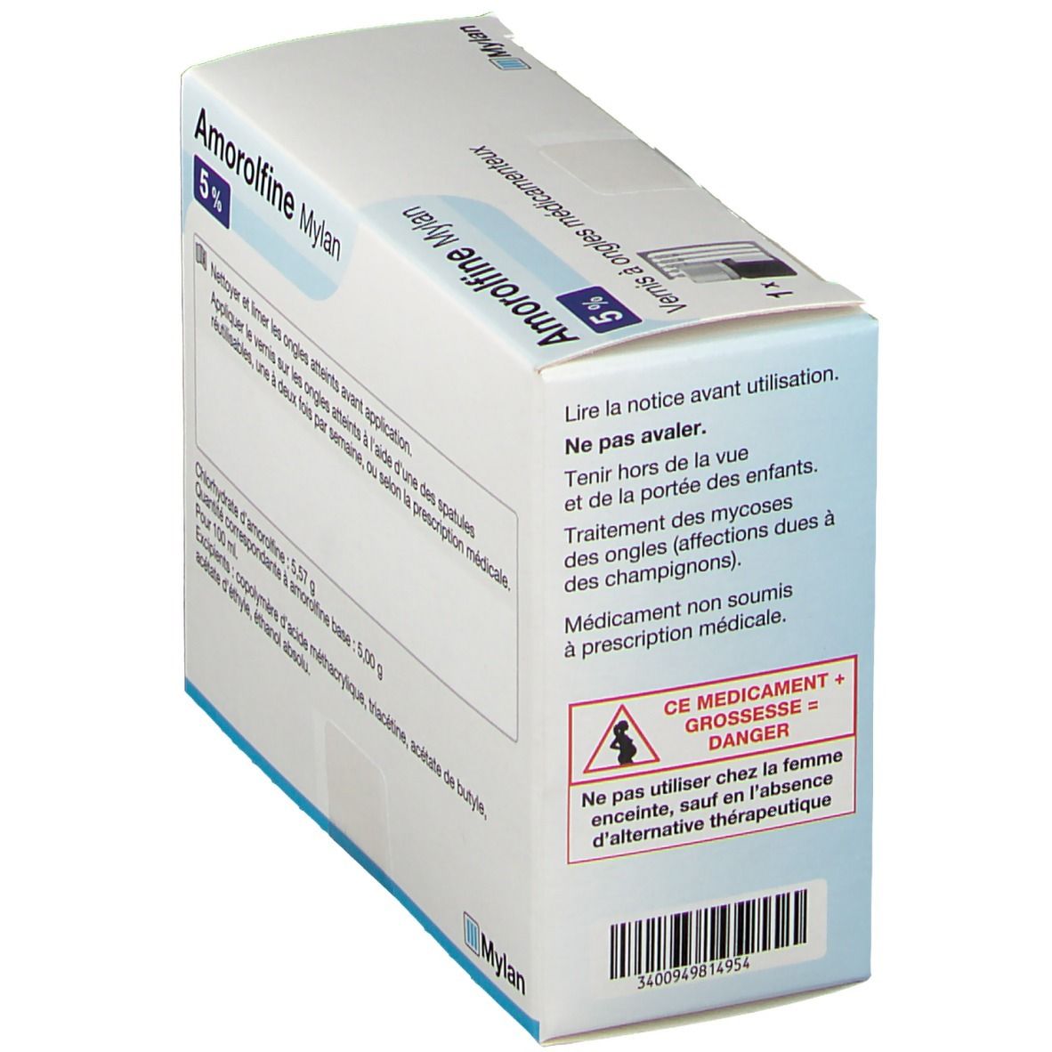Boîte Amorolfine Mylan 5%. Contient flacon, spatules. Texte: Vernis à ongles médicamenteux.