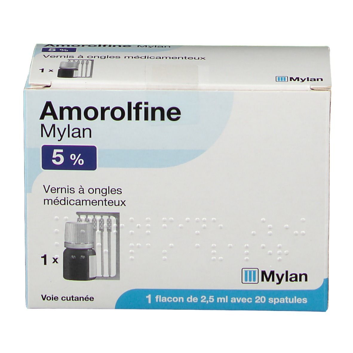 Boîte Amorolfine Mylan 5%. Contient flacon, spatules. Texte: Vernis à ongles médicamenteux.