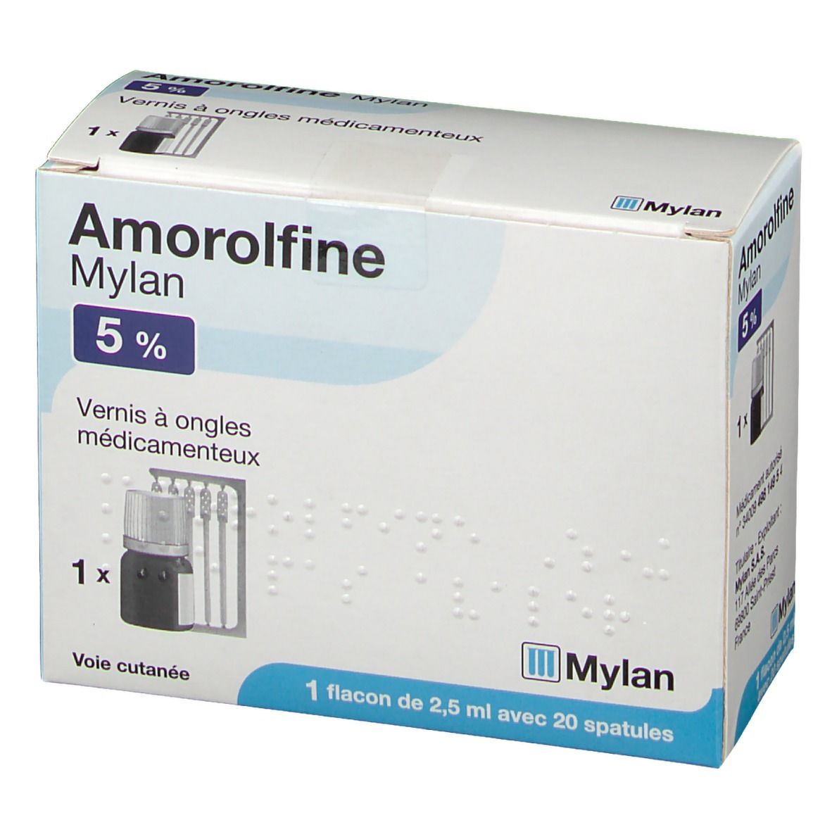 Boîte Amorolfine Mylan 5%. Contient flacon, spatules. Texte: Vernis à ongles médicamenteux.