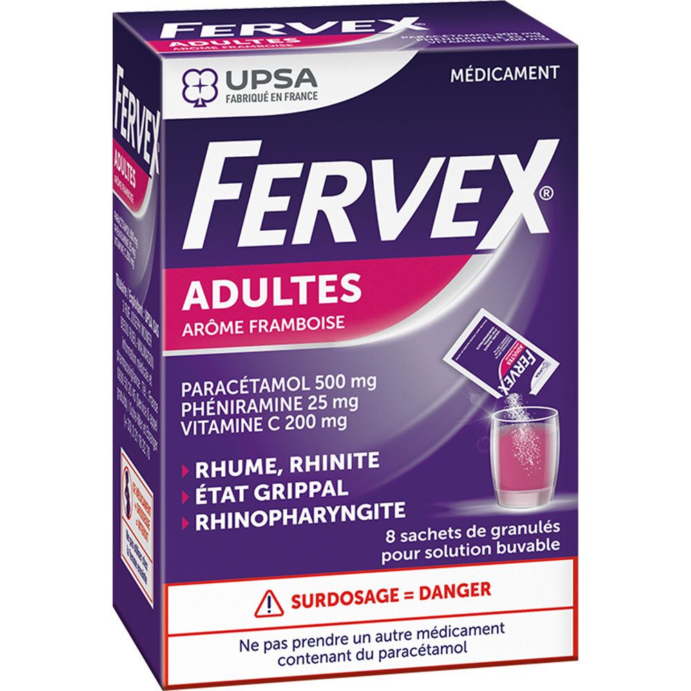 Boîte de FERVEX Adultes, goût framboise. Contient 8 sachets de granulés pour solution buvable.