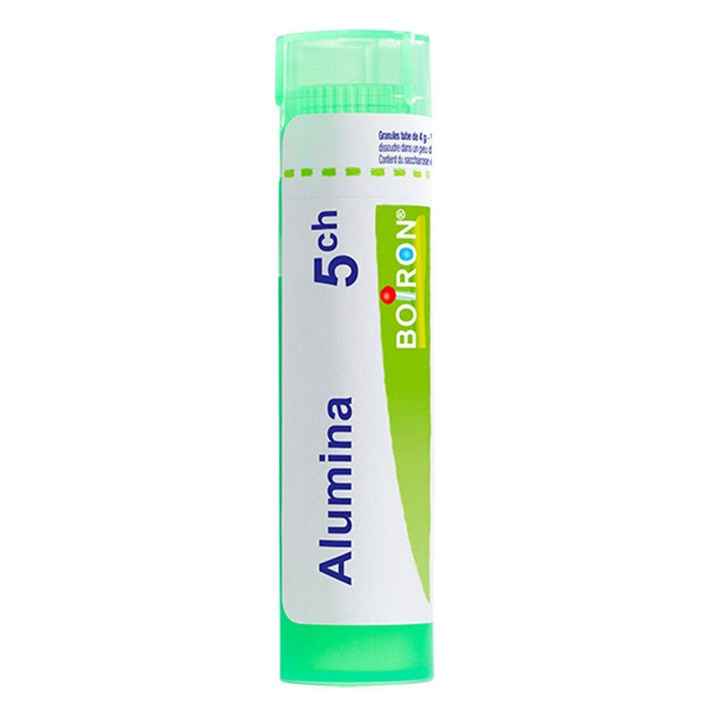 Tube vert contenant des globules Boiron Alumina 5 ch. Étiquetage clair.