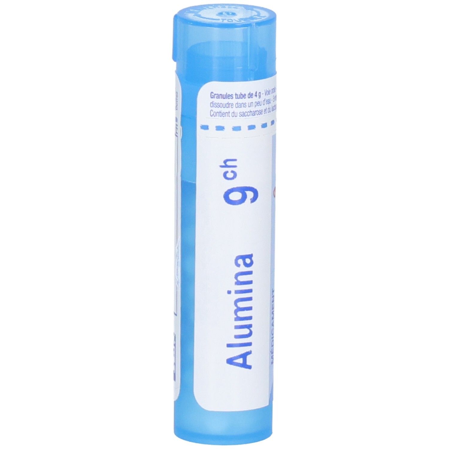 Tube bleu contenant des granules d'Alumina 9ch. Contient 4g.
