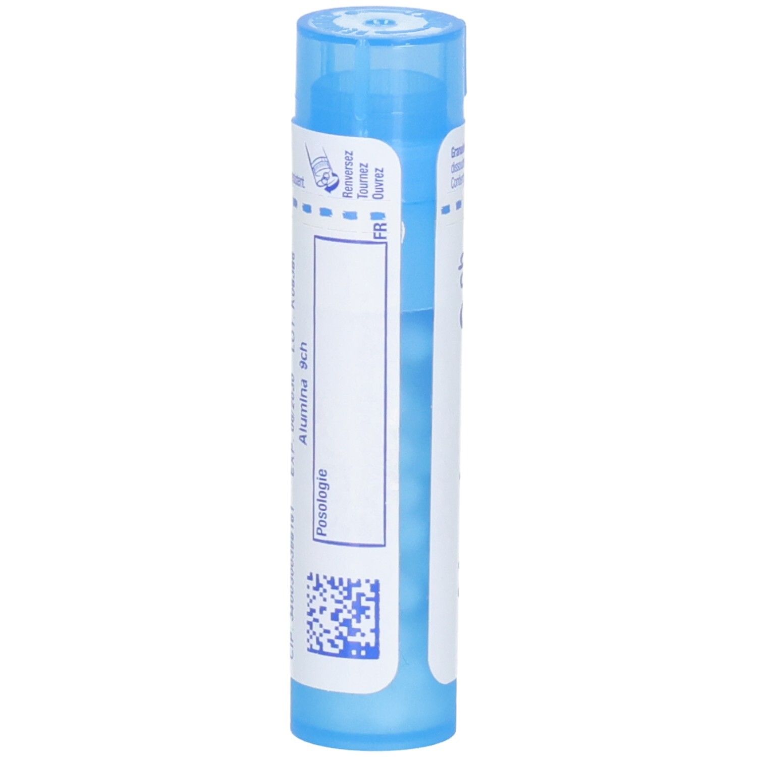 Arrière d'un tube bleu avec granules d'Alumina 9ch. Instructions de dosage.