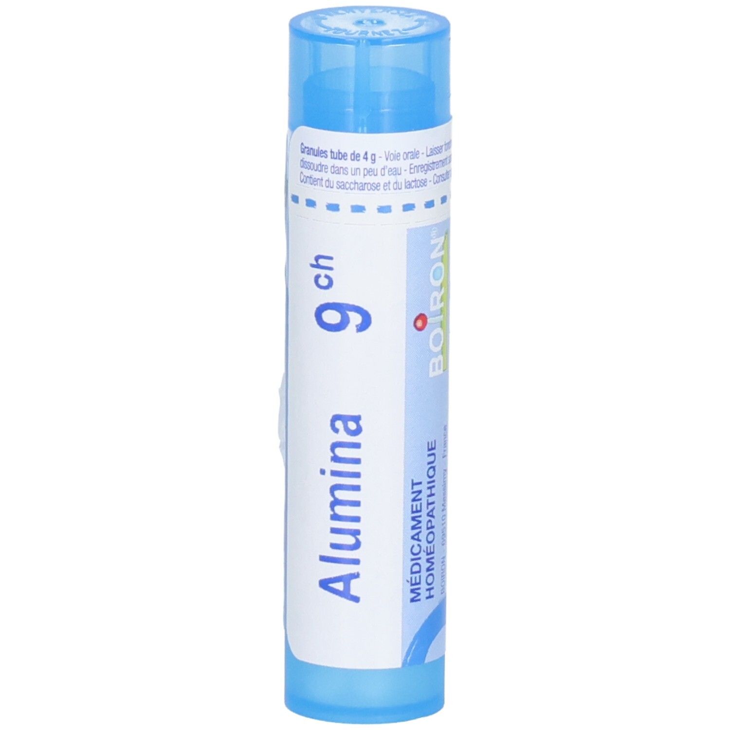 Tube bleu avec granules d'Alumina 9ch et logo Boiron. Médicament homéopathique.