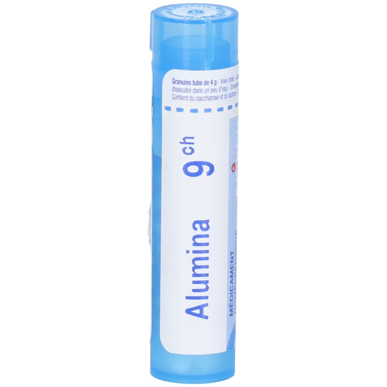 Tube bleu contenant des granules d'Alumina 9ch. Contient 4g.