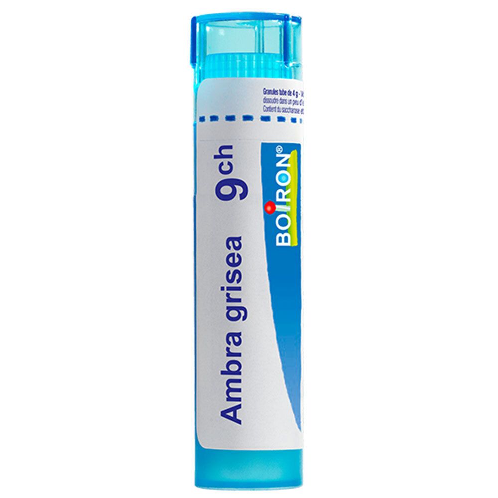 Tube Boiron Ambra Grisea 9 ch. Tube bleu en plastique avec étiquette blanche.