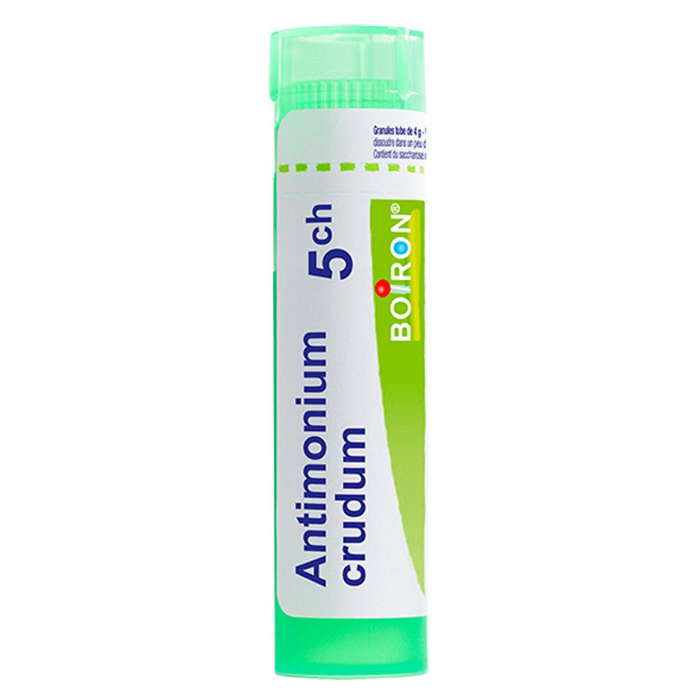 Tube de granules Boiron Antimonium crudum 5 ch. Tube en plastique vert avec étiquette blanche.