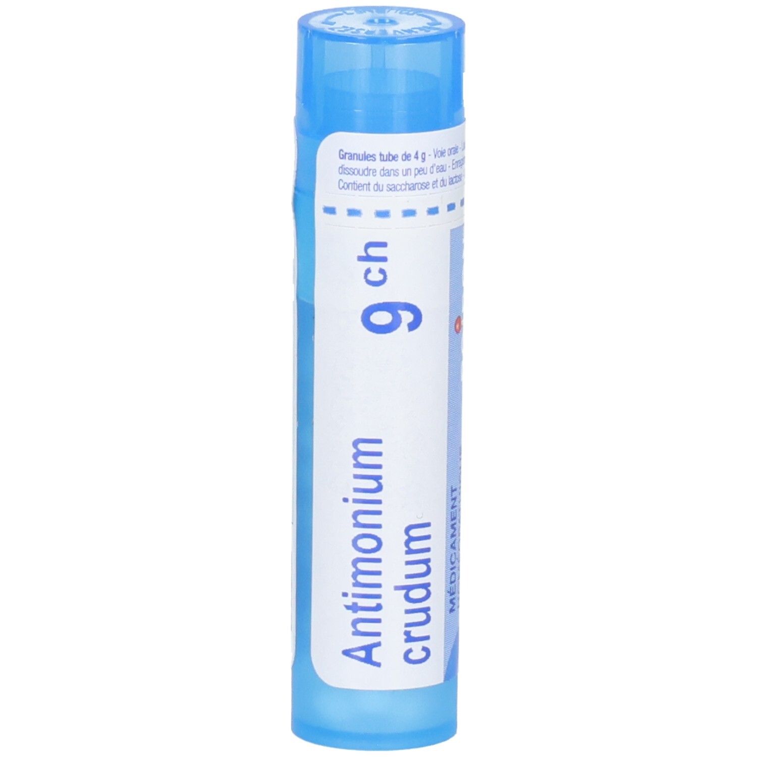 Tube de granules Boiron Antimonium crudum 9 ch. Tube bleu avec étiquette blanche.