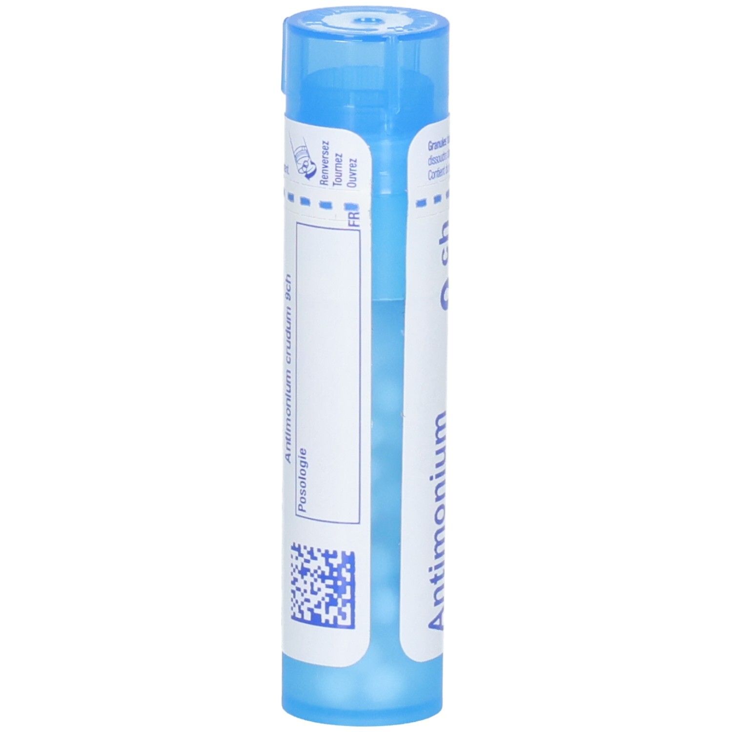 Tube de granules Boiron Antimonium crudum 9 ch, verso avec informations posologiques et QR code.
