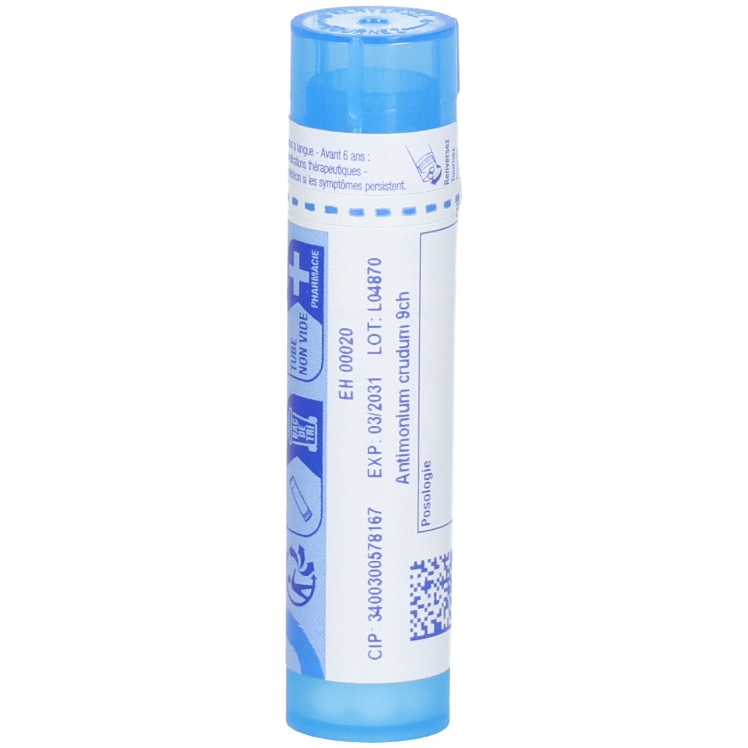 Tube de granules Boiron Antimonium crudum 9 ch avec numéro de lot et date d'expiration.