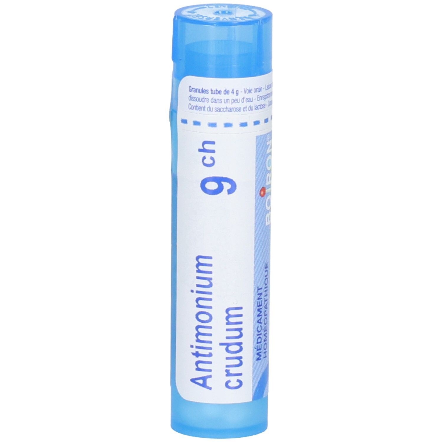 Tube de granules Boiron Antimonium crudum 9 ch. Tube bleu avec étiquette blanche, logo Boiron et texte.