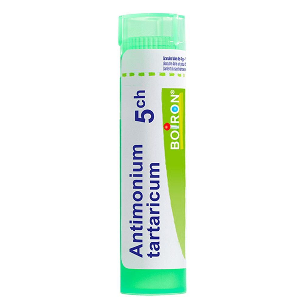 Tube vert avec inscription Boiron Antimonium Tartaricum 5 ch.