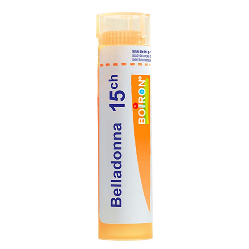 Tube Boiron Belladonna 15 ch, avec bouchon et étiquette orange.