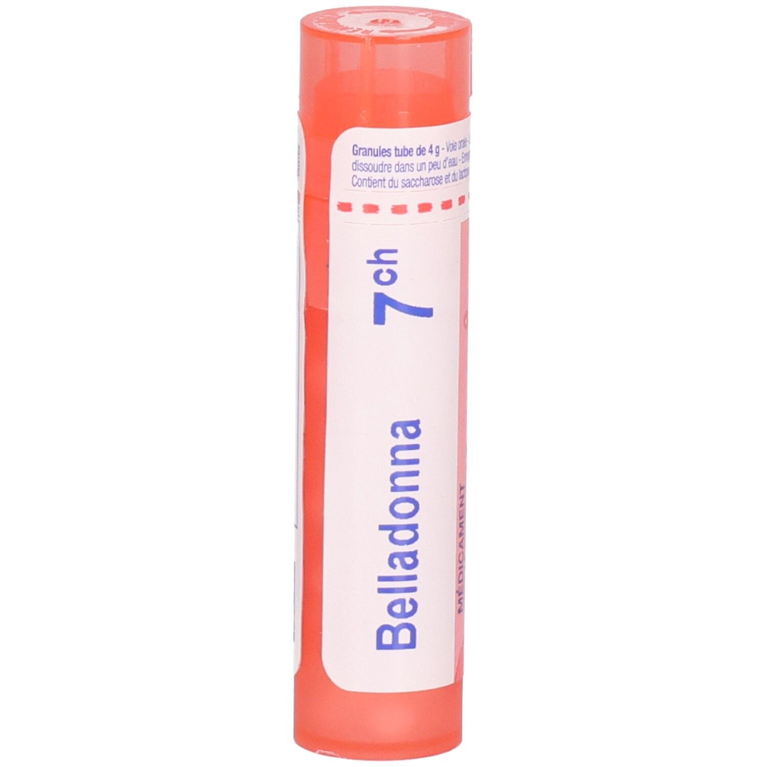 Tube orange contenant des granules de Belladonna 7 ch. Étiquette avec informations produit.