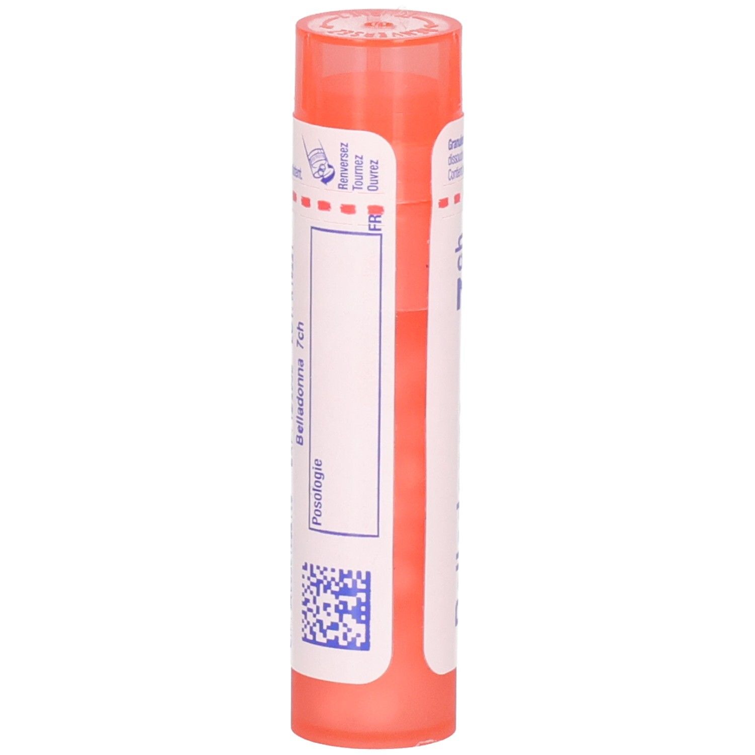 Tube orange avec Belladonna 7 ch. Arrière avec étiquette et code QR.