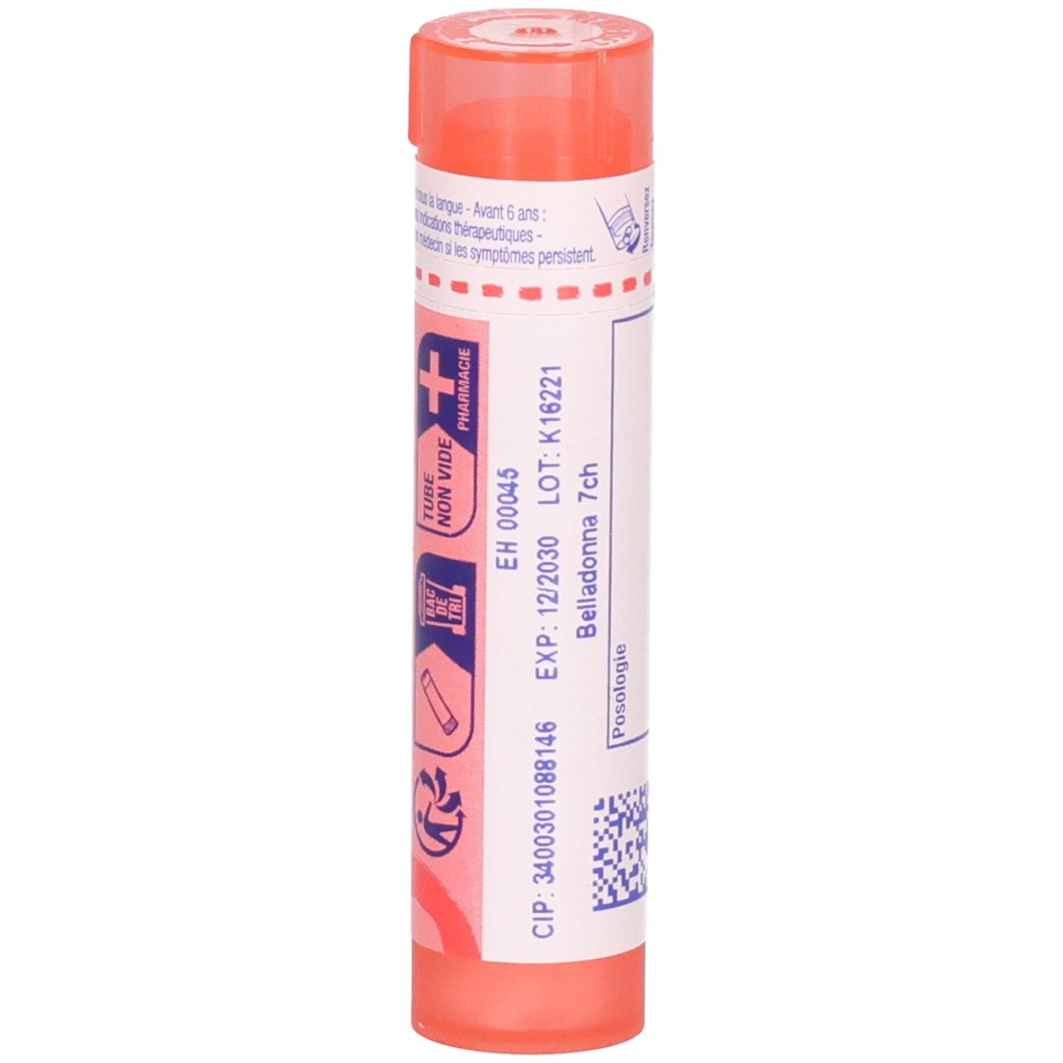 Tube orange avec Belladonna 7 ch. Étiquette avec numéro de lot et date d'expiration.