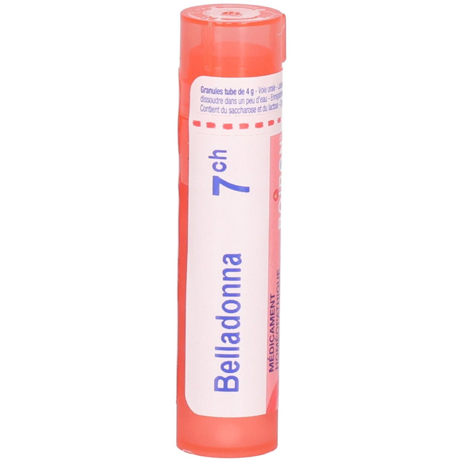 Tube orange avec logo Boiron. Médicament Homéopathique Belladonna 7 ch.
