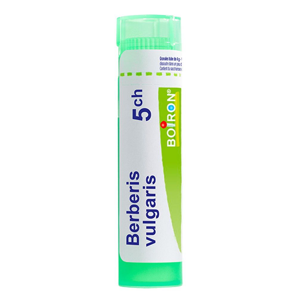 Tube de globules Boiron Berberis Vulgaris 5 ch. Tube en plastique vert avec étiquette blanche.