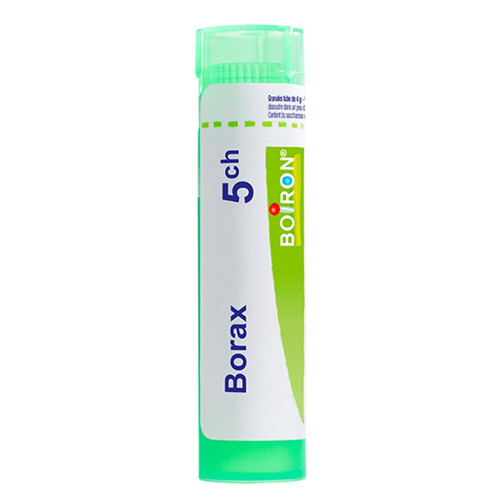 Tube de granules Boiron Borax 5 ch vert. Contient la puissance 5 ch.