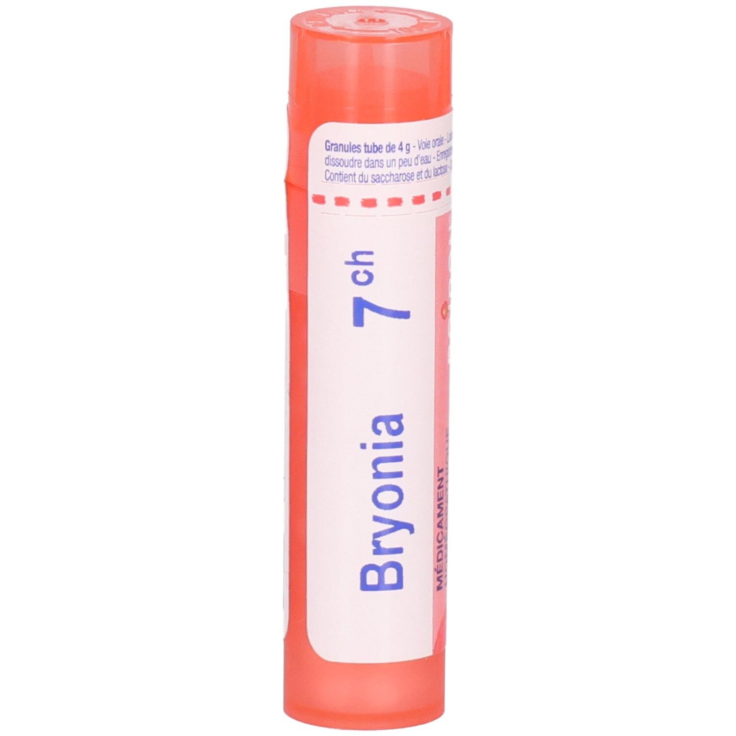 Tube rose de granules Bryonia 7 ch. Étiquetage en français et allemand.