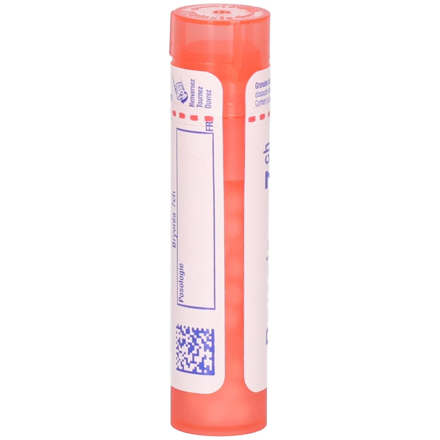 Arrière d'un tube rose de granules Bryonia 7 ch. Étiquetage en français.