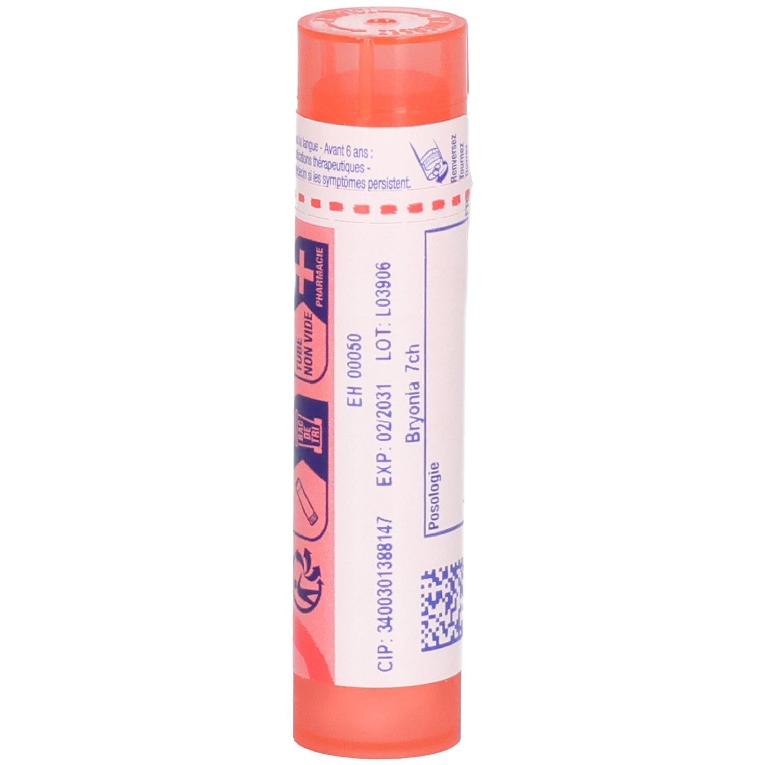 Arrière d'un tube rose de granules Bryonia 7 ch. Étiquetage avec date d'expiration et numéro de lot.