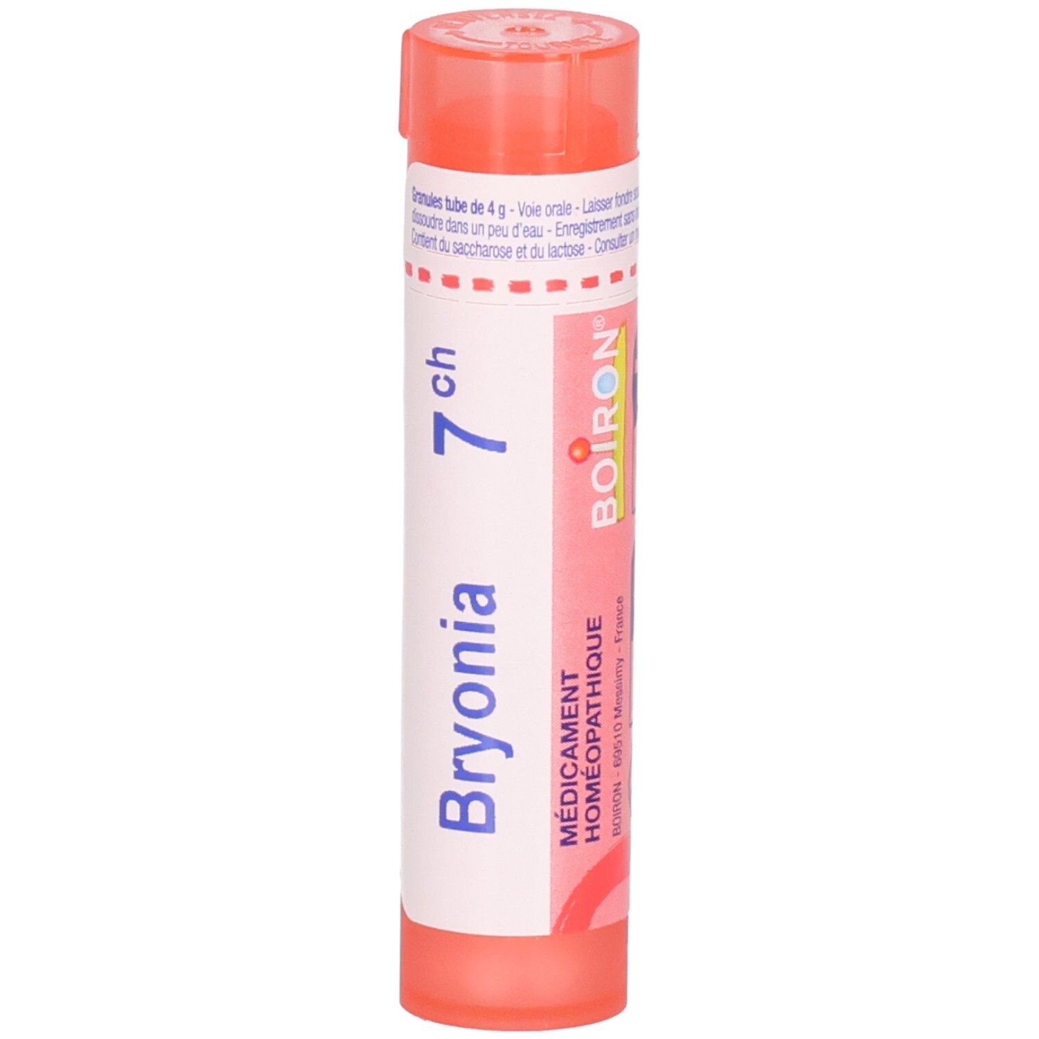 Tube rose de granules Bryonia 7 ch. Étiquetage en français et allemand, logo Boiron.