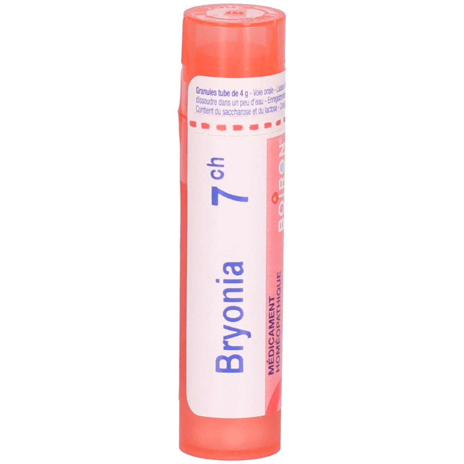 Tube rose de granules Bryonia 7 ch. Étiquetage en français et allemand.