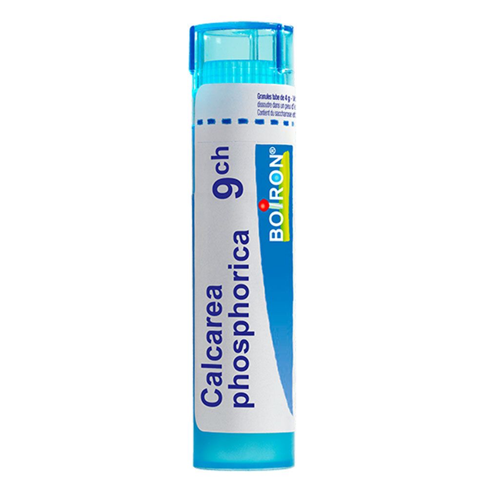 Tube de granules Boiron Calcarea Phosphorica 9 ch avec bouchon bleu.