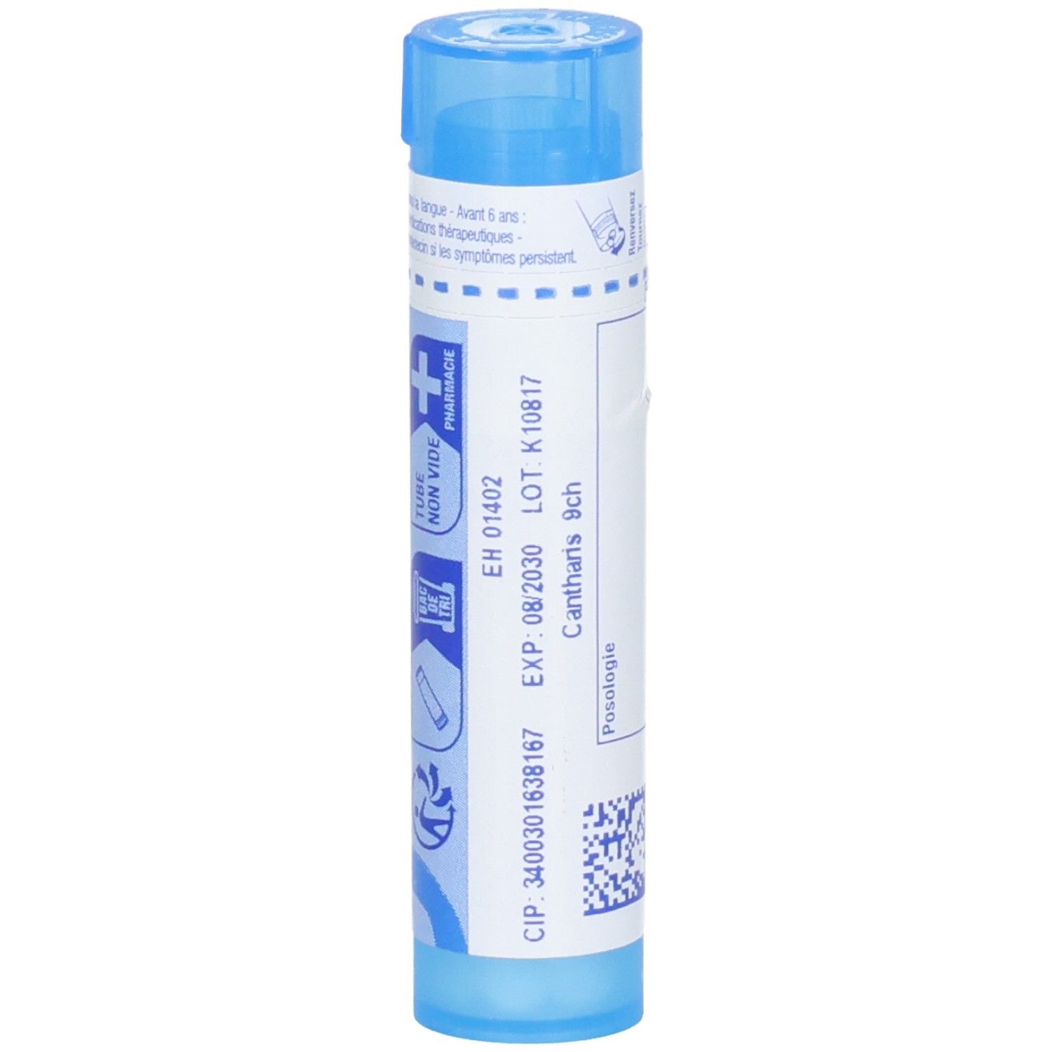 Boiron Cantharis 9 ch tube granules avec numéro de lot.
