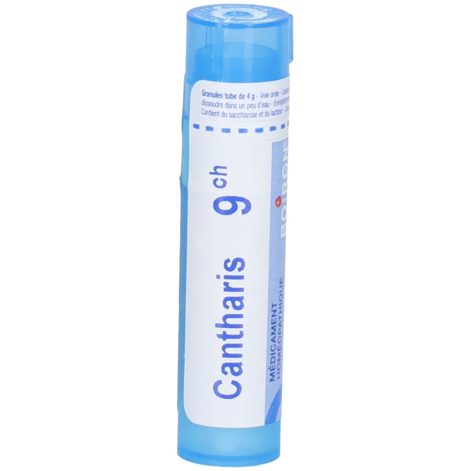 Boiron Cantharis 9 ch tube granules, gros plan.