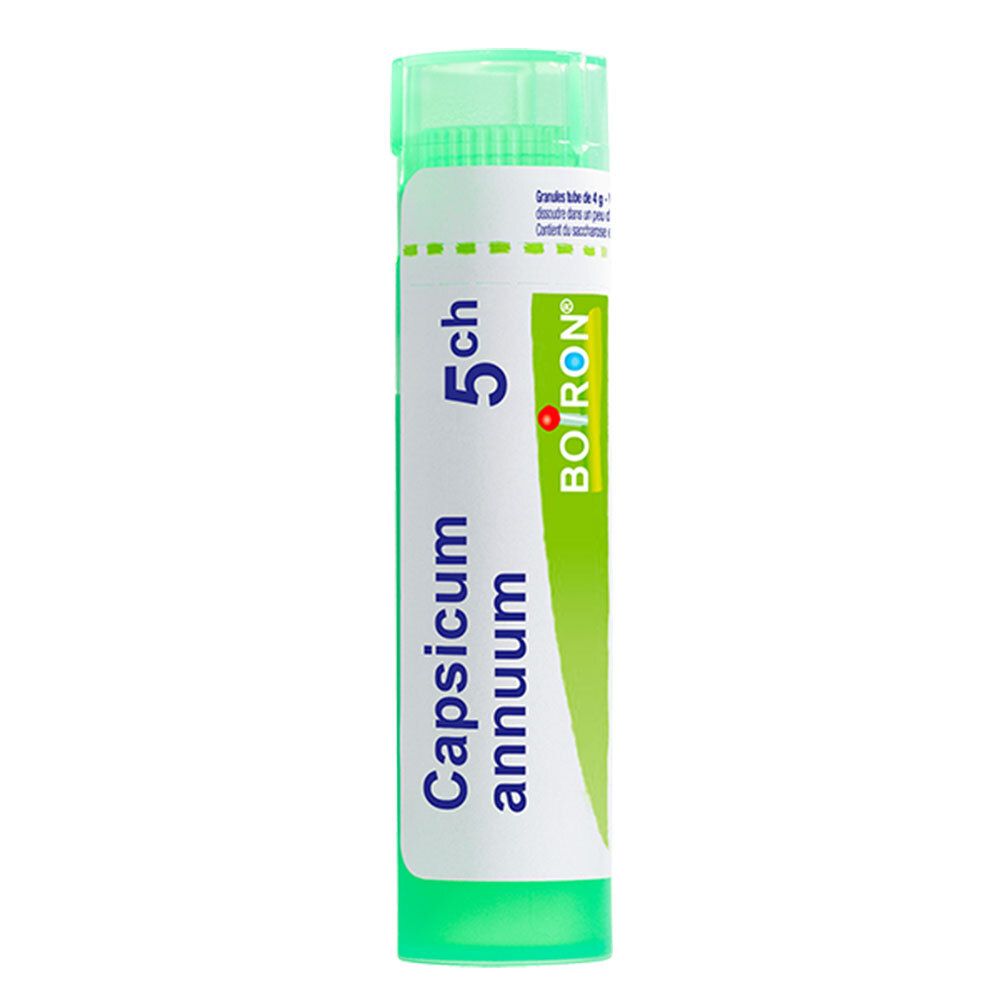 Tube de granules Boiron Capsicum Annuum 5 ch. Emballage plastique vert avec étiquette blanche.