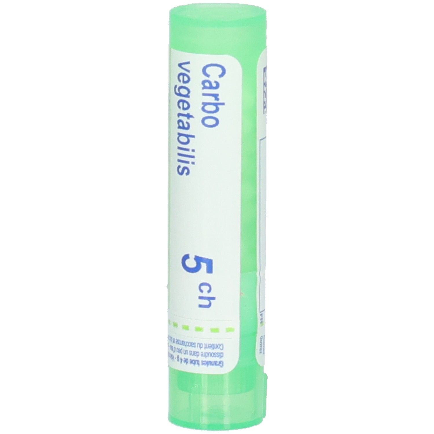 Tube cylindrique vert avec étiquette blanche. Inscription : Carbo vegetabilis 5 ch.