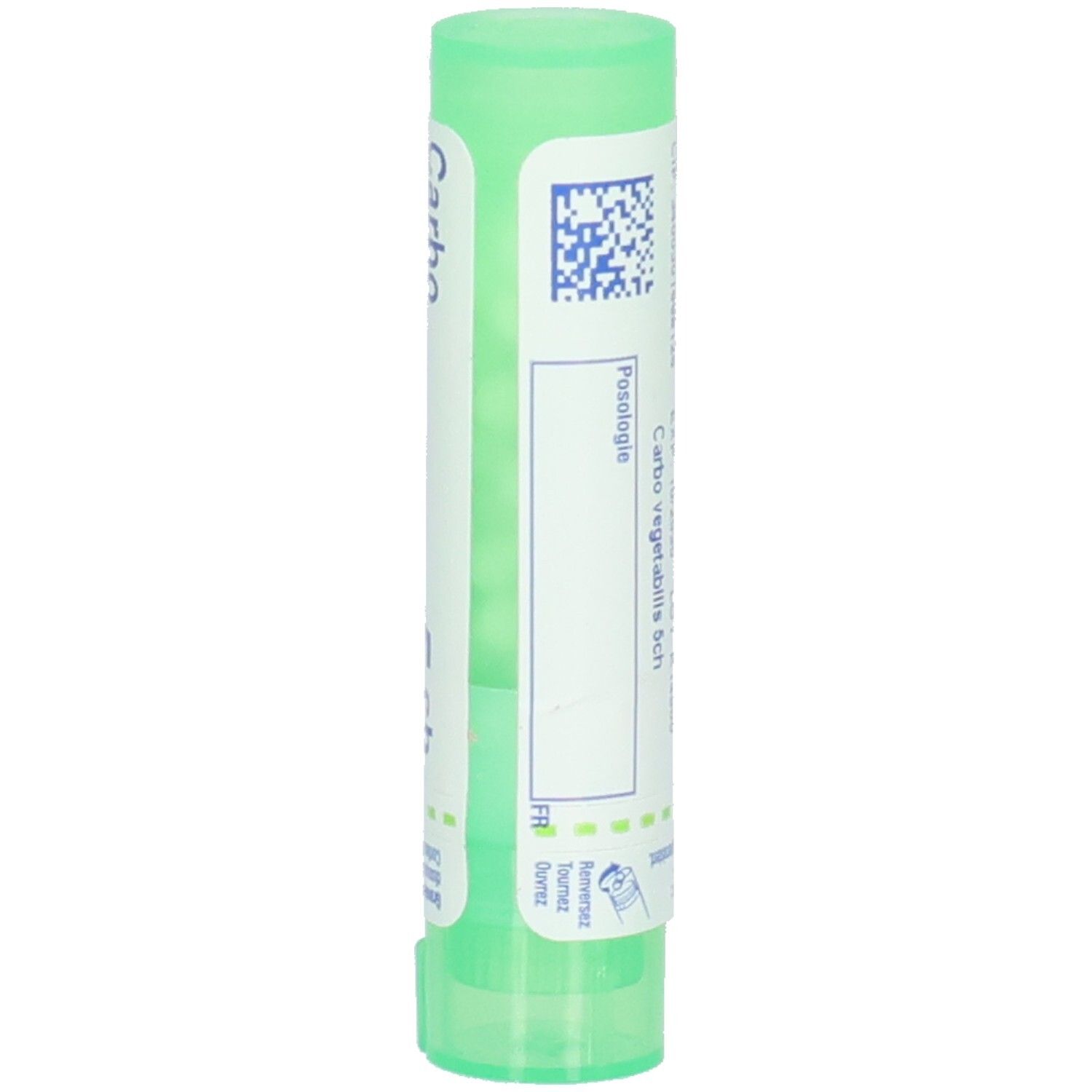 Tube cylindrique vert avec étiquette blanche. Inscription : Carbo vegetabilis 5 ch. Code-barres.