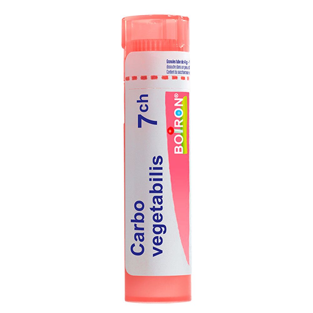 Tube de granules Boiron Carbo vegetabilis 7 ch avec bouchon et étiquette roses.