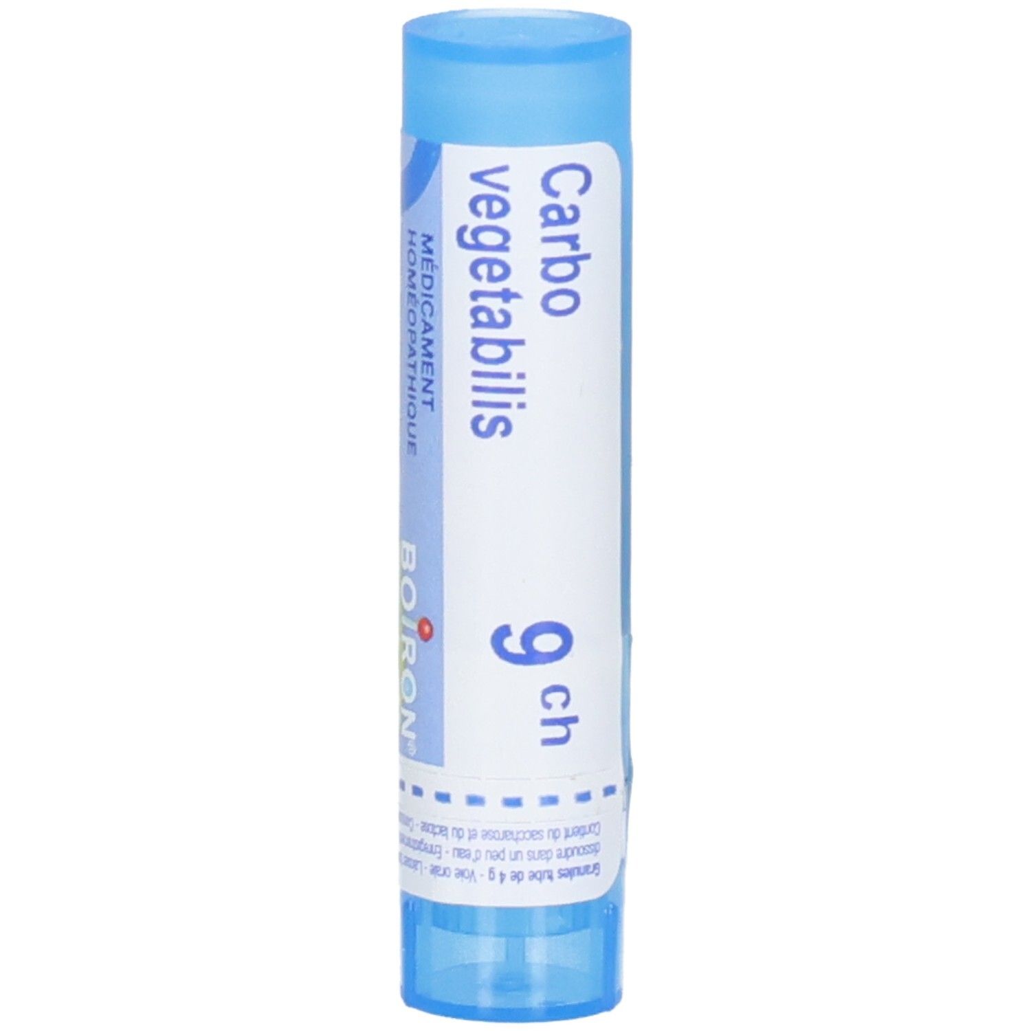 Boiron Carbo Vegetabilis 9 ch : Tube bleu avec étiquette blanche. Texte : Carbo vegetabilis, 9 ch.