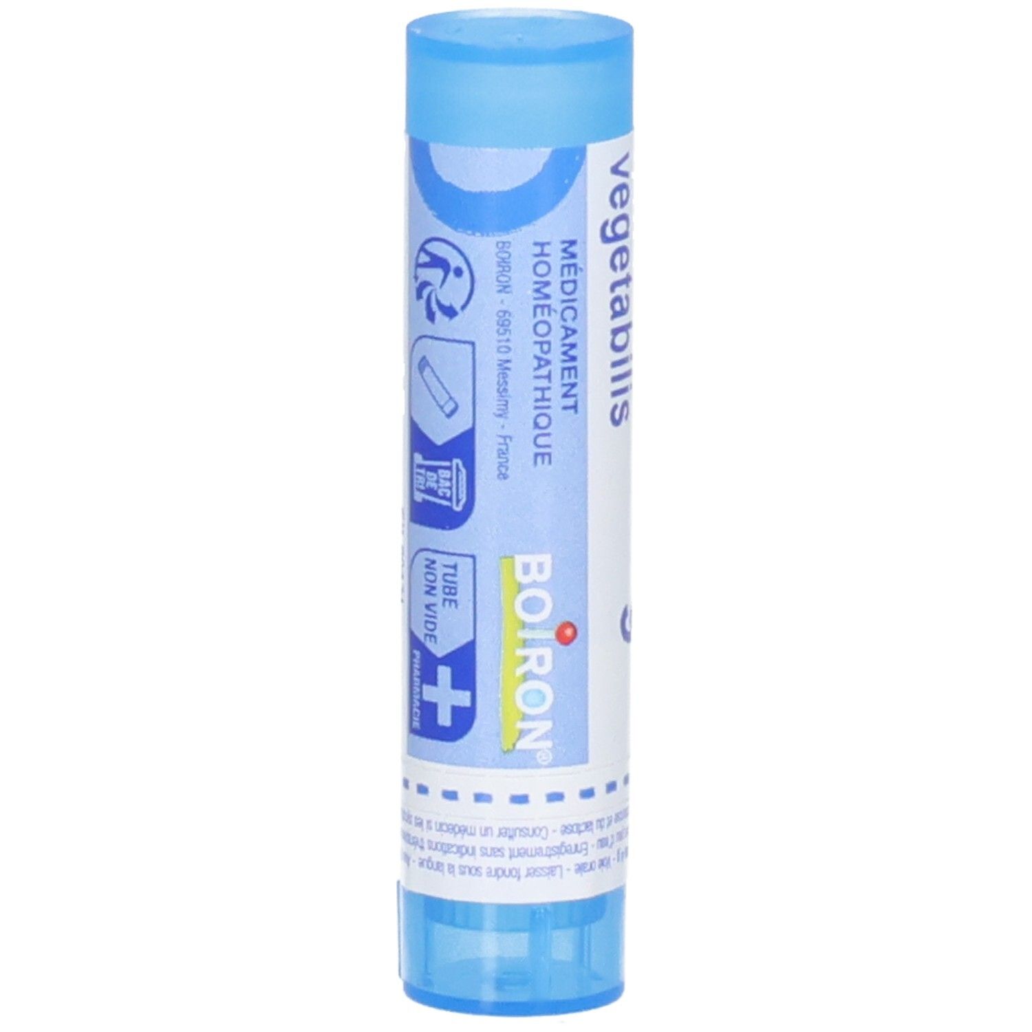 Boiron Carbo Vegetabilis 9 ch : Arrière du tube bleu avec étiquette blanche. Contient des pictogrammes et du texte.