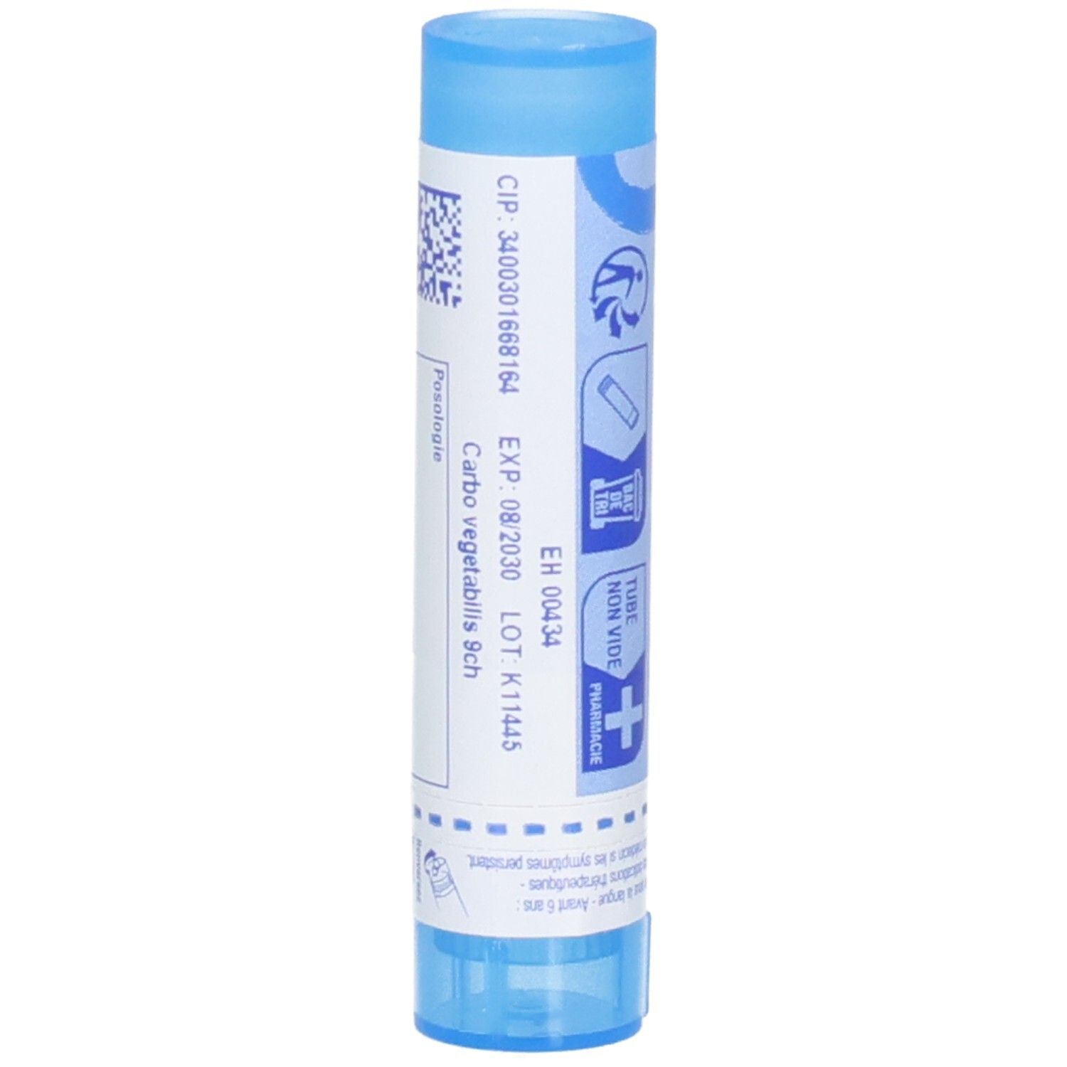 Boiron Carbo Vegetabilis 9 ch : Vue latérale du tube bleu avec étiquette blanche. Contient CIP, date d'expiration et numéro de lot.