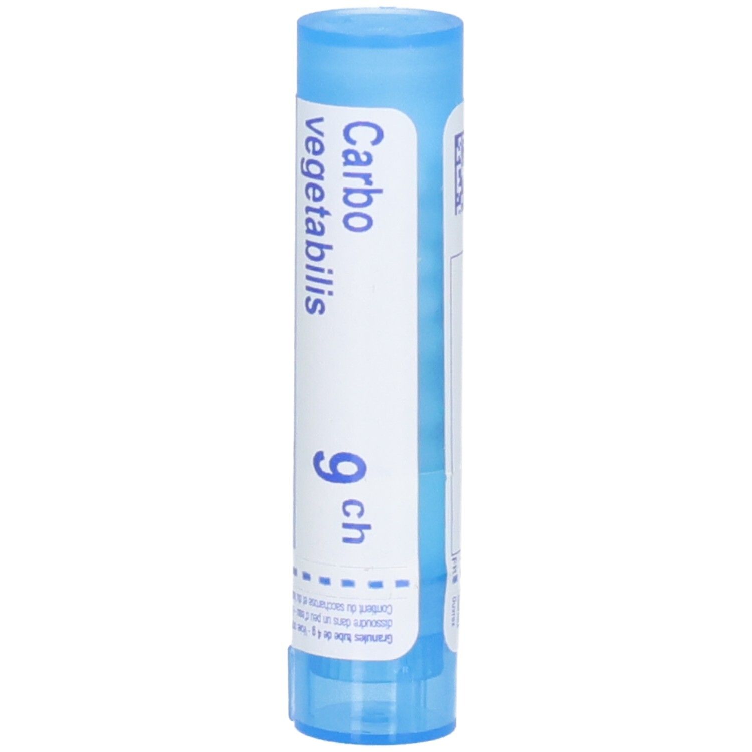Boiron Carbo Vegetabilis 9 ch : Tube bleu avec étiquette blanche. Texte : Carbo vegetabilis, 9 ch.
