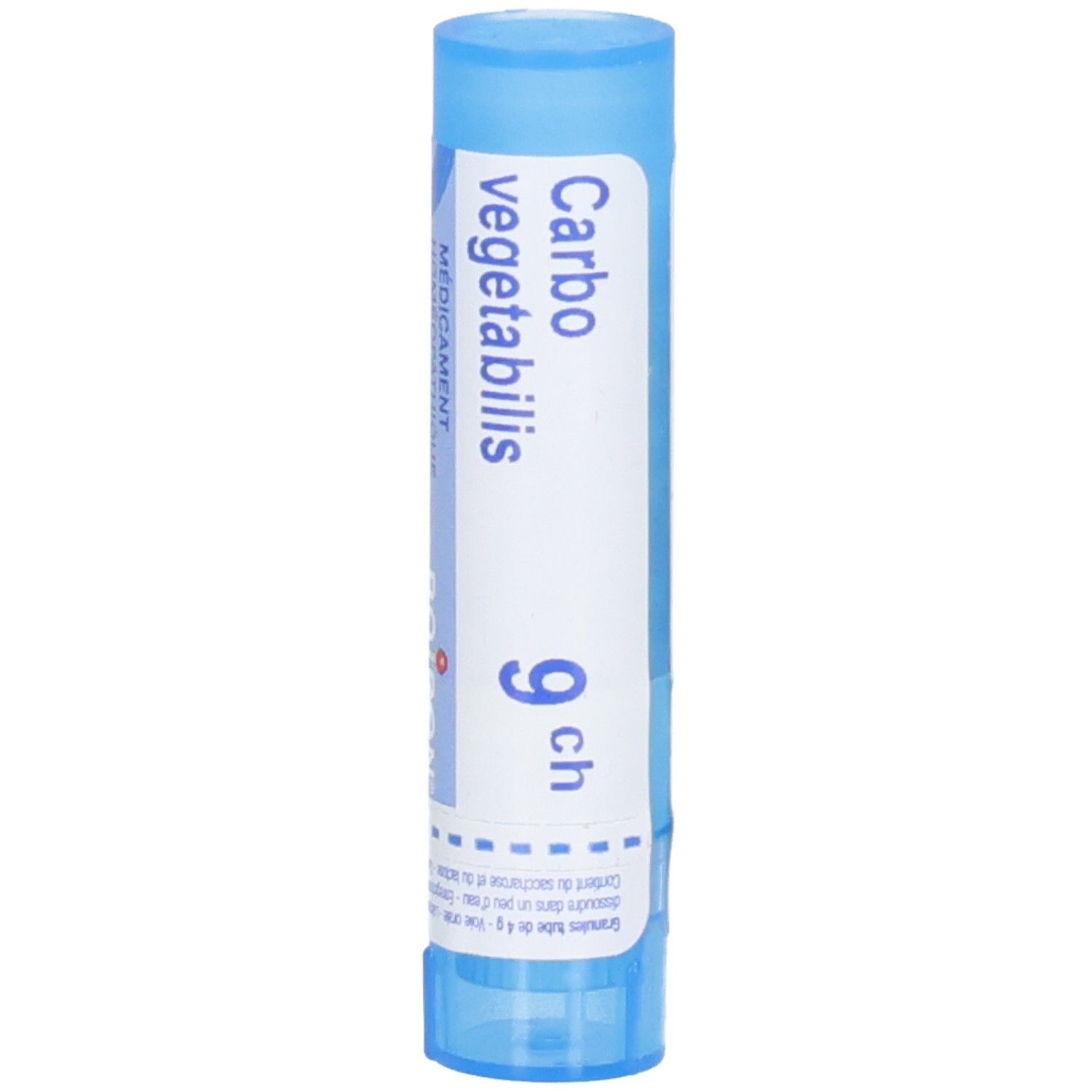 Boiron Carbo Vegetabilis 9 ch : Tube bleu avec étiquette blanche. Texte : Carbo vegetabilis, 9 ch.