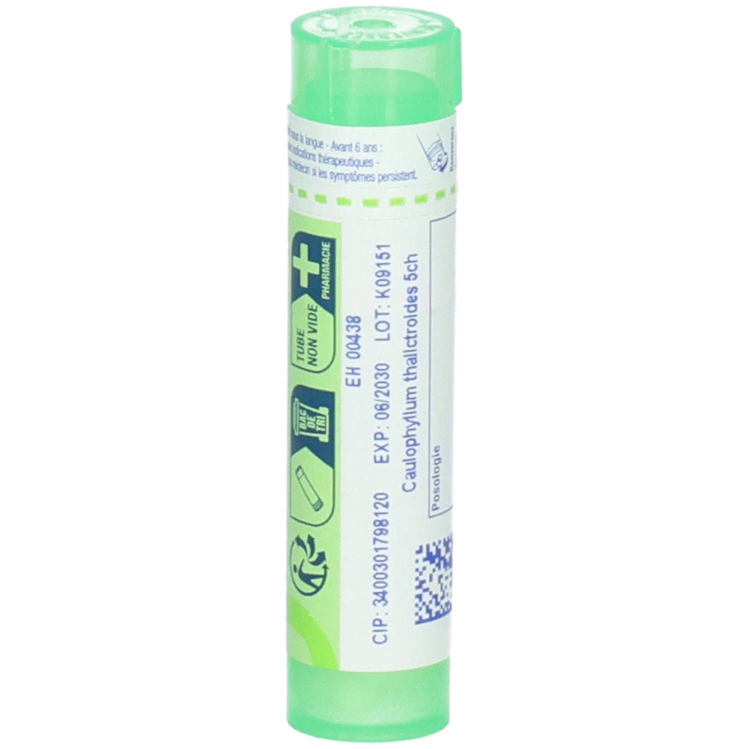 Tube vert avec étiquette blanche, Caullophyllum thalictroides 5 ch, avec date d'expiration.
