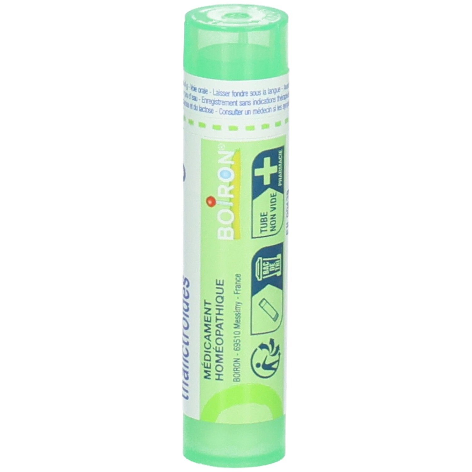 Tube vert avec étiquette blanche, Caullophyllum thalictroides 5 ch, Boiron, Médicament.