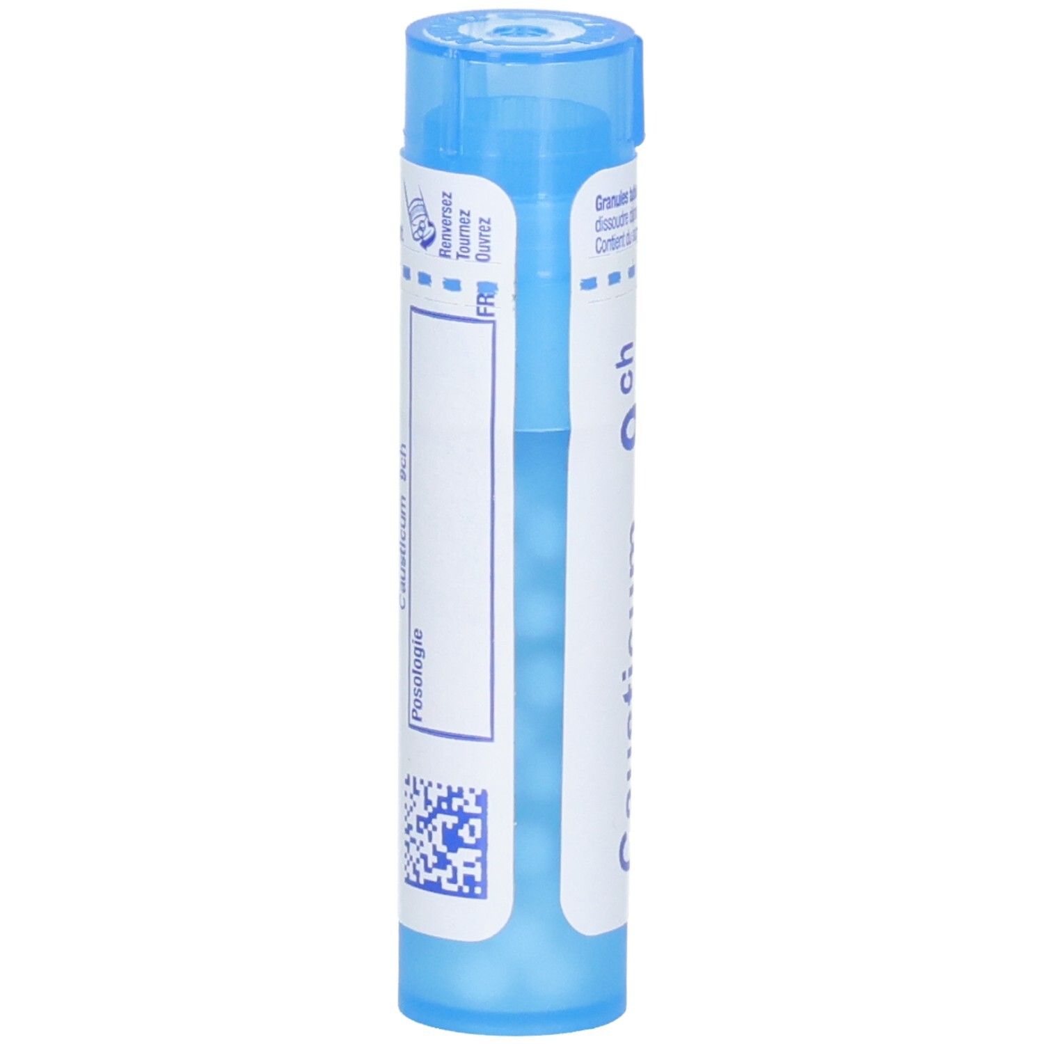Tube de granules Boiron Causticum 9 ch, verso avec étiquette.