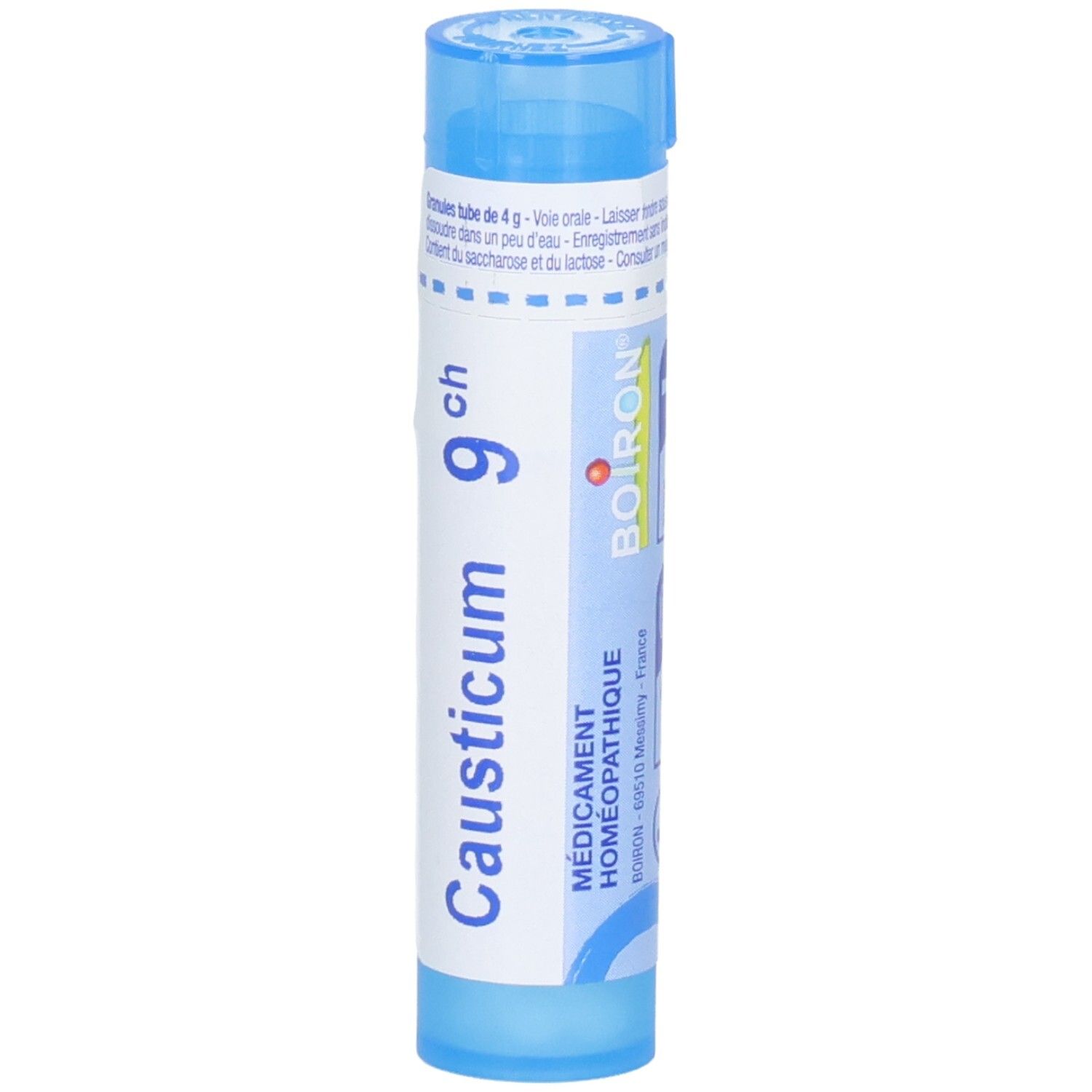 Tube de granules Boiron Causticum 9 ch, bleu, avec étiquette.