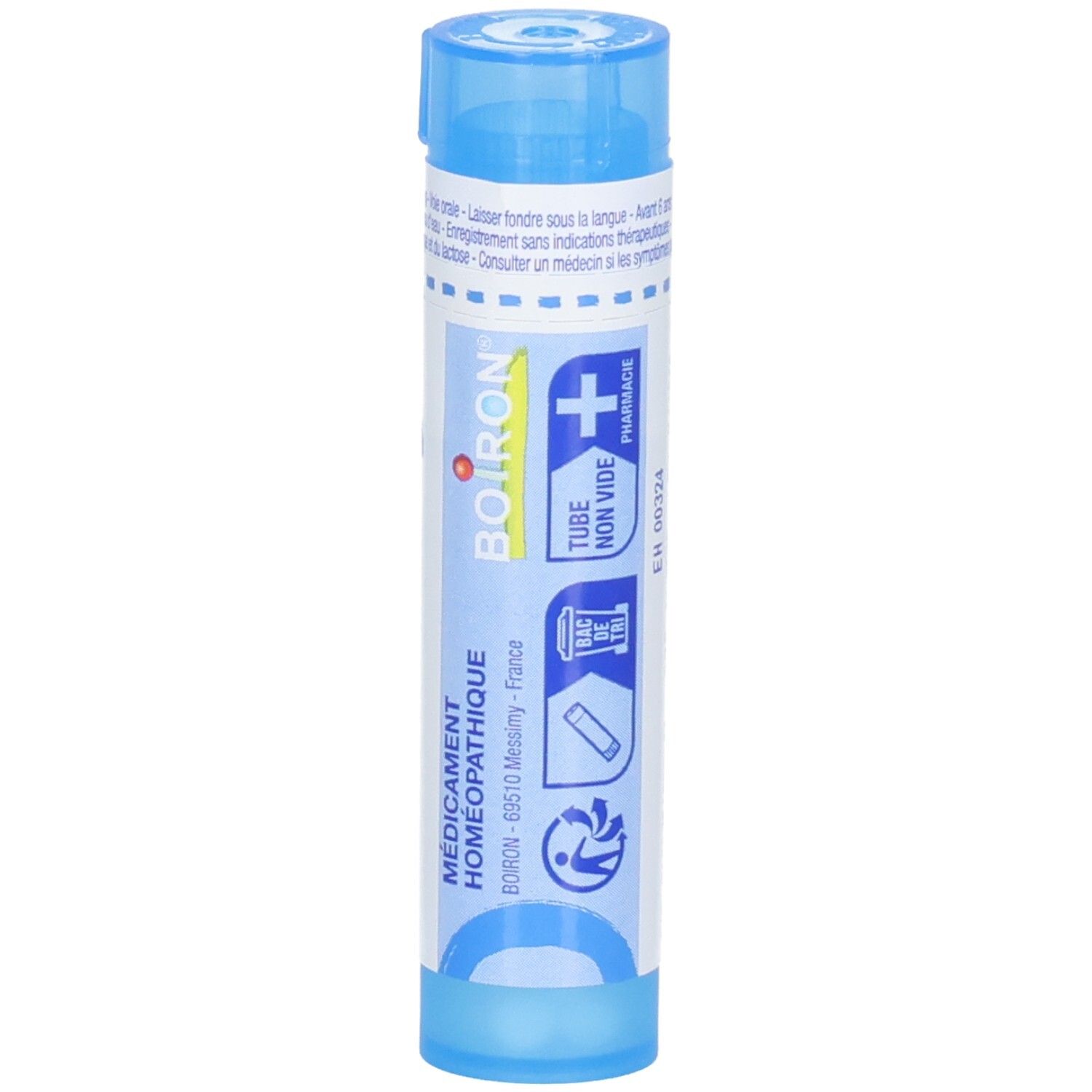 Tube de granules Boiron Causticum 9 ch, bleu, avec symboles pharmaceutiques.