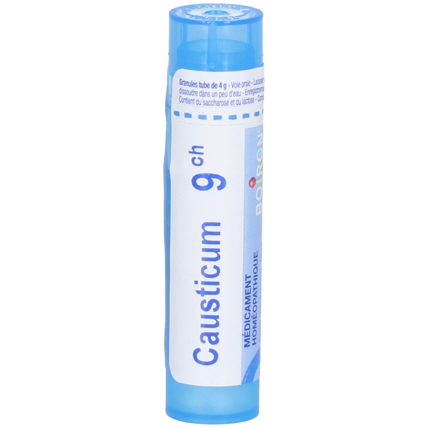 Tube de granules Boiron Causticum 9 ch, bleu, avec étiquette et logo Boiron.