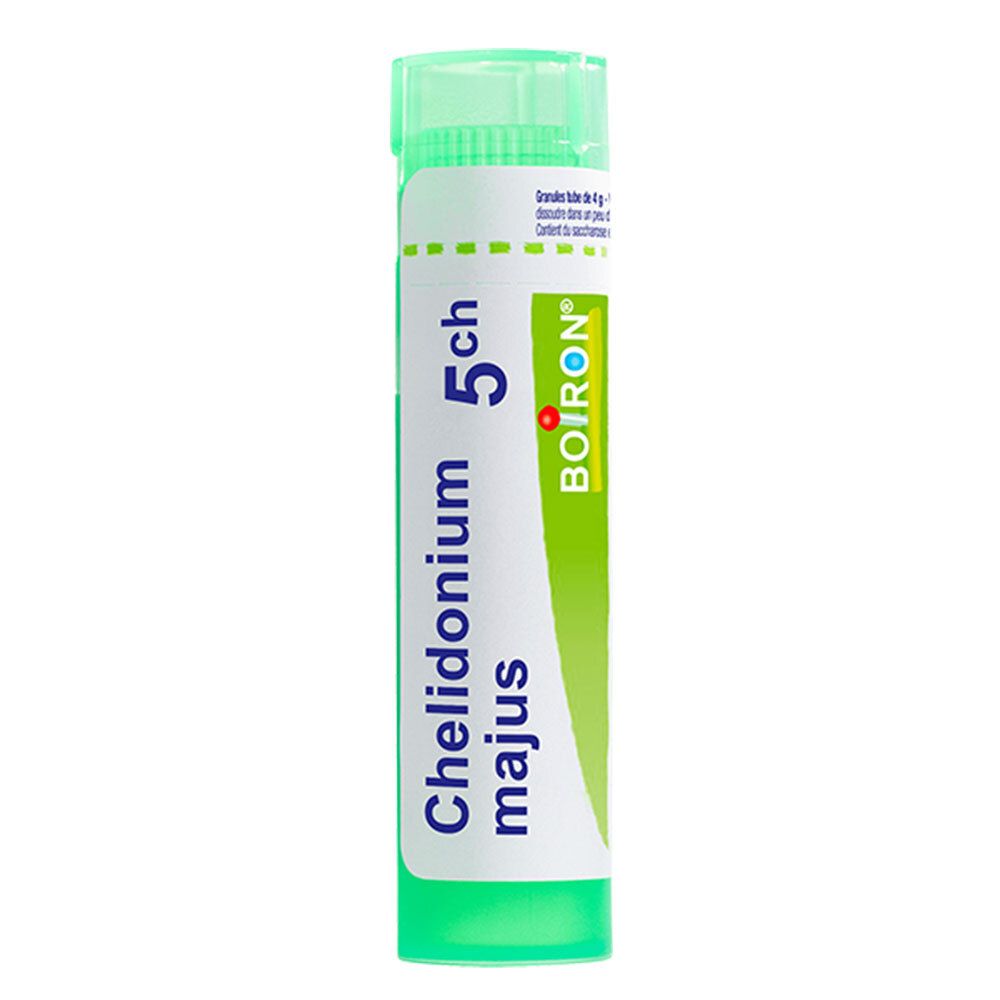 Tube vert avec inscription Boiron Chelidonium Majus 5 ch.