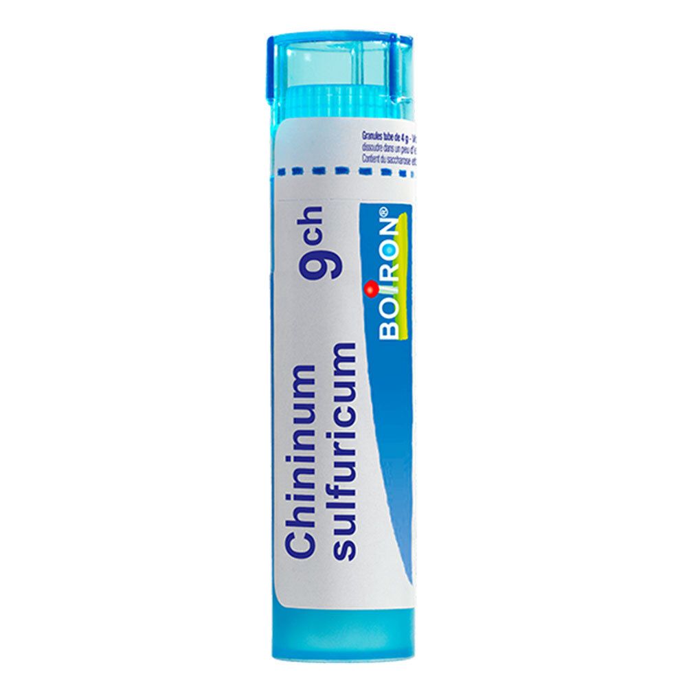 Boiron Chininum sulfuricum 9 ch Tube granules. Bouchon bleu et étiquettes blanches.
