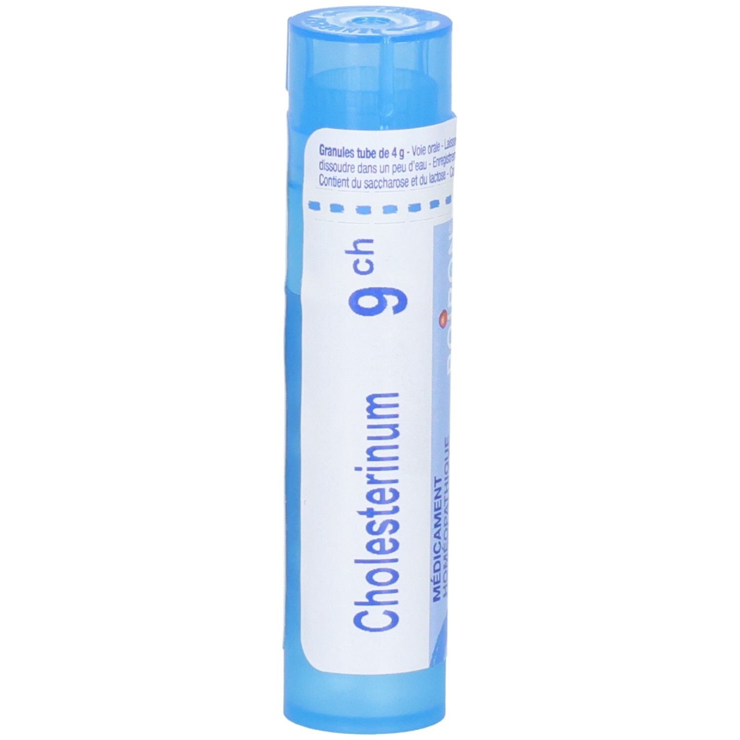 Tube bleu avec inscription Cholesterinum 9 ch.